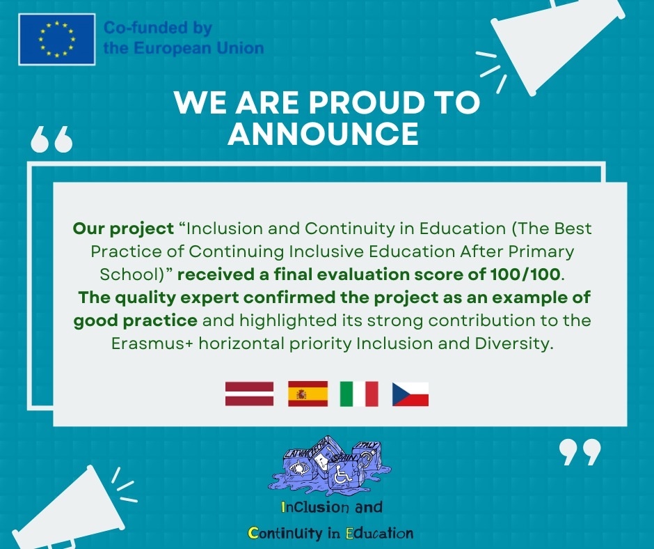 Náš projekt „Inkluze a kontinuita ve vzdělávání (nejlepší praxe dalšího inkluzivního vzdělávání po základní školu)“ získal konečné hodnocení 100/100. Expert na kvalitu potvrdil projekt jako příklad dobré praxe a zdůraznil jeho silný přínos k horizontální prioritě programu Erasmus+ – Inkluze a diverzita. Projekt Erasmus - závěrečné oznámení